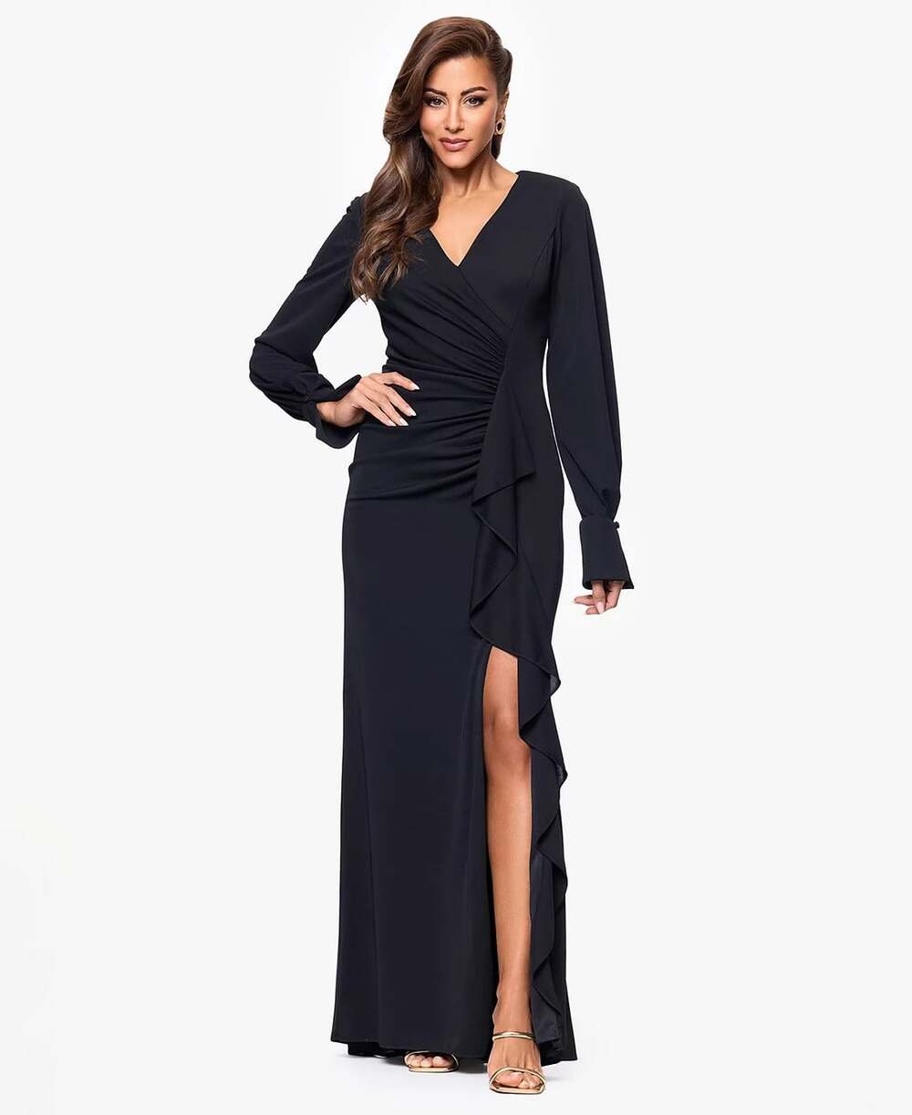 NEW XSCAPE Women's 8 Long Sleeve Side Slit Jersey Dress • Reg Price $219 - Picture 2 of 5